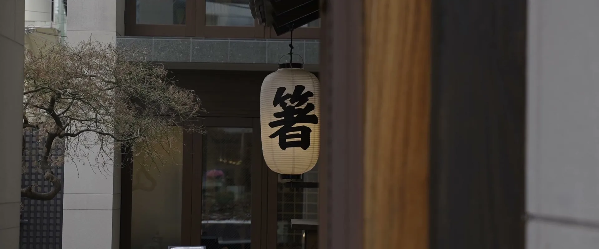 A paper lantern marked with the character for chopsticks hanging outside the shop, beside a bare-branched tree